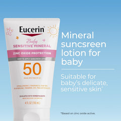 Eucerin Sun Sensitive Mineral Baby Sunscreen Lotion SPF 50 with Zinc Oxide Protection,Hypoallergenic Mineral Sunscreen for Babies,Tear Free and Fragrance Free,4 Fl Oz Tube,(Pack of 2)