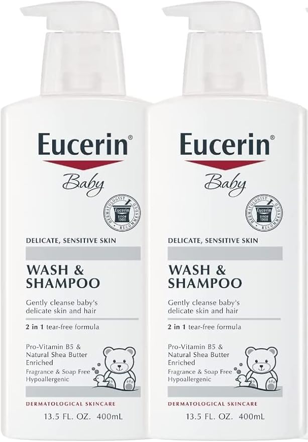 Eucerin Baby Wash & Shampoo - 2 in 1 Tear Free Formula, Hypoallergenic & Fragrance Free, Nourish and Soothe Sensitive Skin - 13.5 Fl Oz (Pack of 2)