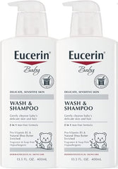 Eucerin Baby Wash & Shampoo - 2 in 1 Tear Free Formula, Hypoallergenic & Fragrance Free, Nourish and Soothe Sensitive Skin - 13.5 Fl Oz (Pack of 2)