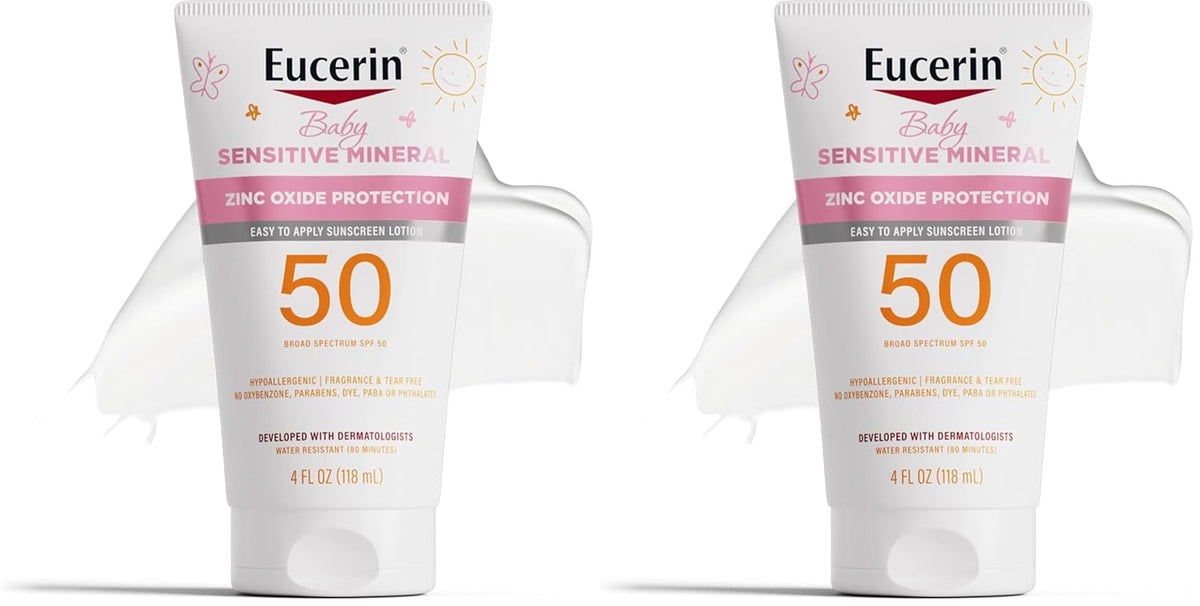 Eucerin Sun Sensitive Mineral Baby Sunscreen Lotion SPF 50 with Zinc Oxide Protection,Hypoallergenic Mineral Sunscreen for Babies,Tear Free and Fragrance Free,4 Fl Oz Tube,(Pack of 2)