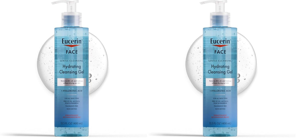 Eucerin Face Gentle Cleansing Hydrating Cleansing Gel,Daily Face Wash and Makeup Remover with Hyaluronic Acid,13.5 Fl Oz Bottle,(Pack of 2)
