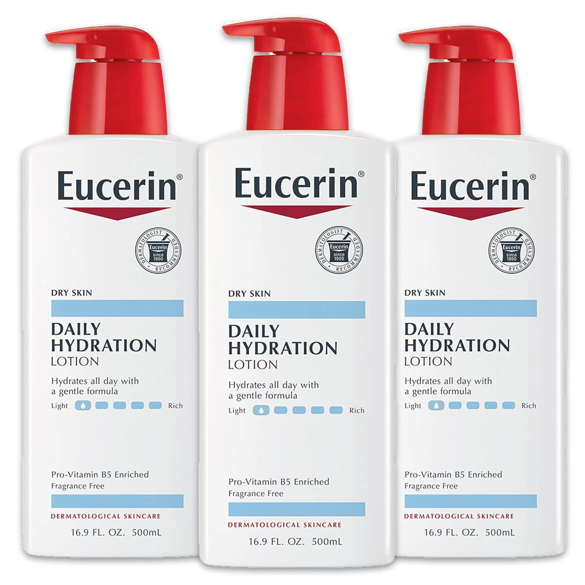 Eucerin Daily Hydration Body Lotion, Unscented Body Lotion for Sensitive Dry Skin, Holiday Gifts for Self Care, 16.9 Fl Oz Pump Bottles, Pack of 3