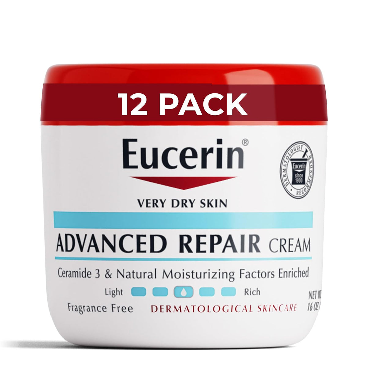 Eucerin Advanced Repair Body Cream for Dry Skin, Fragrance Free Body Moisturizer, 16 Oz Jar, Pack of 12