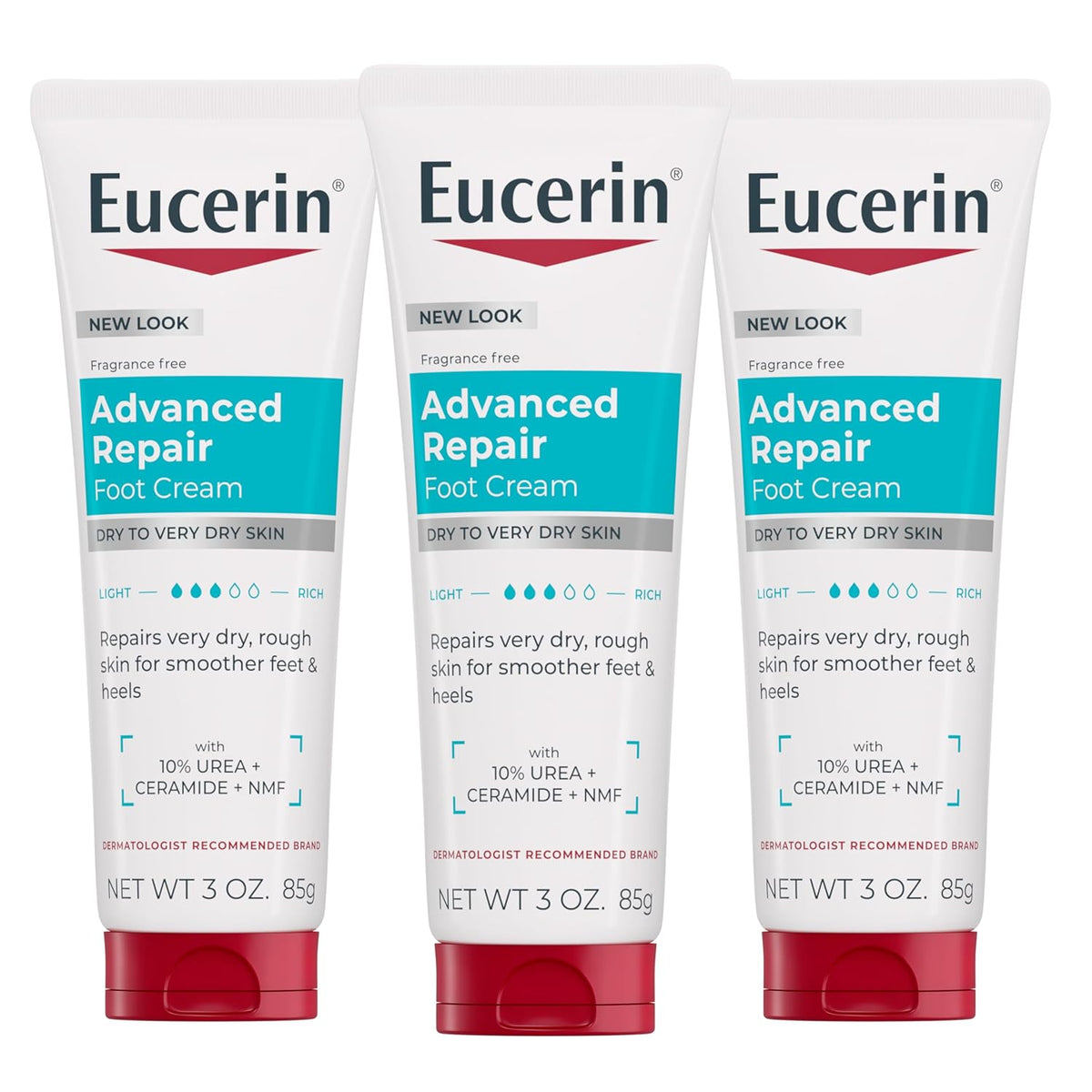 Eucerin Advanced Repair Foot Cream for Dry Feet and Heels, Repairs Very Dry, Rough Skin, Fragrance Free, Non Greasy, Fast Absorbing, Travel Size Lotion, 3 Oz Tube, Pack of 3