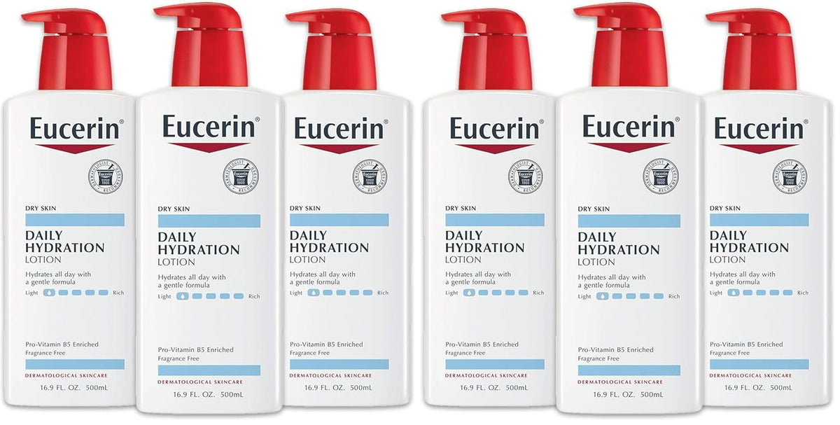 Eucerin Daily Hydration Body Lotion, Unscented Body Lotion for Sensitive Dry Skin, Holiday Gifts for Self Care, Pump Bottles,16.9 Fl Oz (Pack of 6)